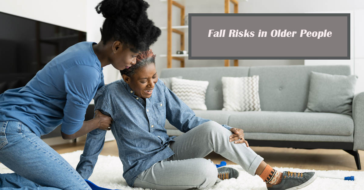 Falls in Older Persons: Risk Factors and Prevention. Picture of a young black female aide assisting an older black female getting up after a fall.