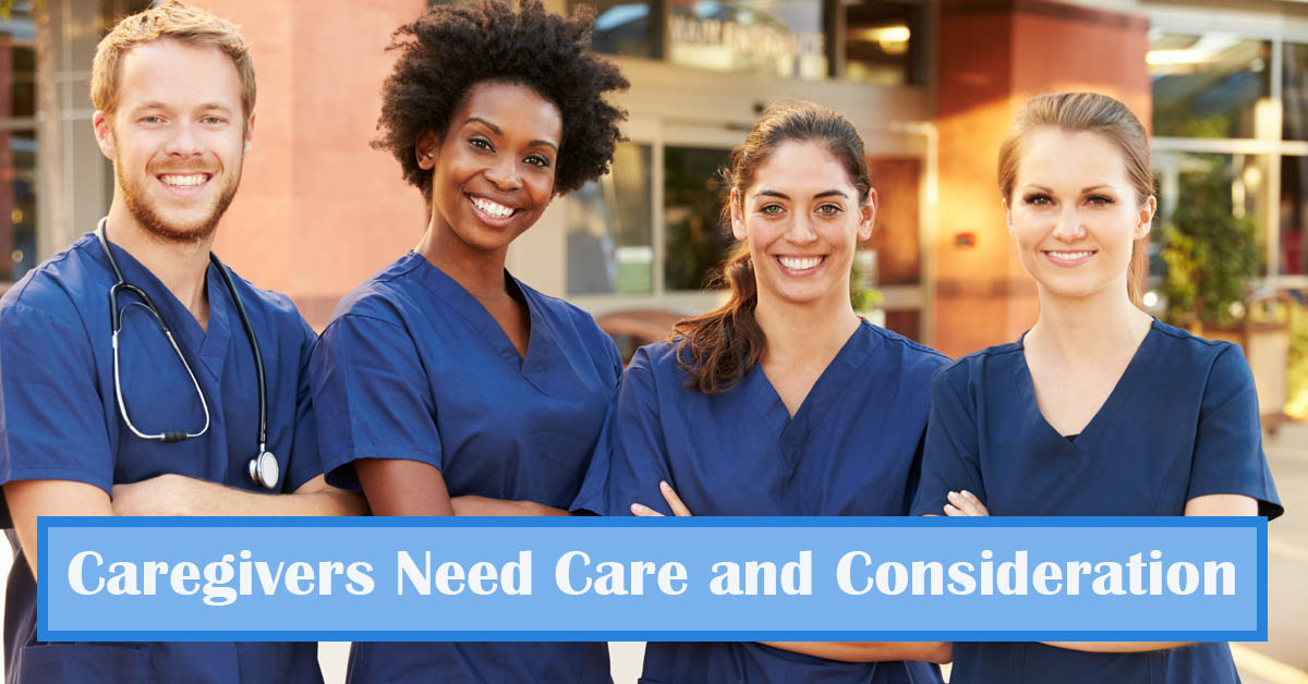 Caregivers Need Care. Picture of 4 young caregivers, one caucasian male, one black female, and 2 caucasian females.