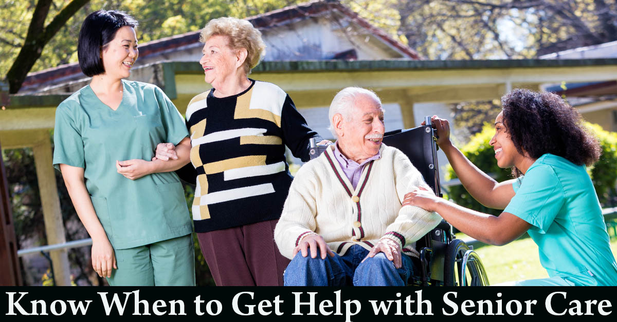 When to Get Help with Senior Care. Picture of an older caucasian male and female with a young asian nursing aide and a young black nursing aide.