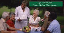 Tips to Help Seniors with Weight Management. Picture of a dietitian nurse talking with 2 older caucasian females, 2 older caucasian males, and 1 older black male.