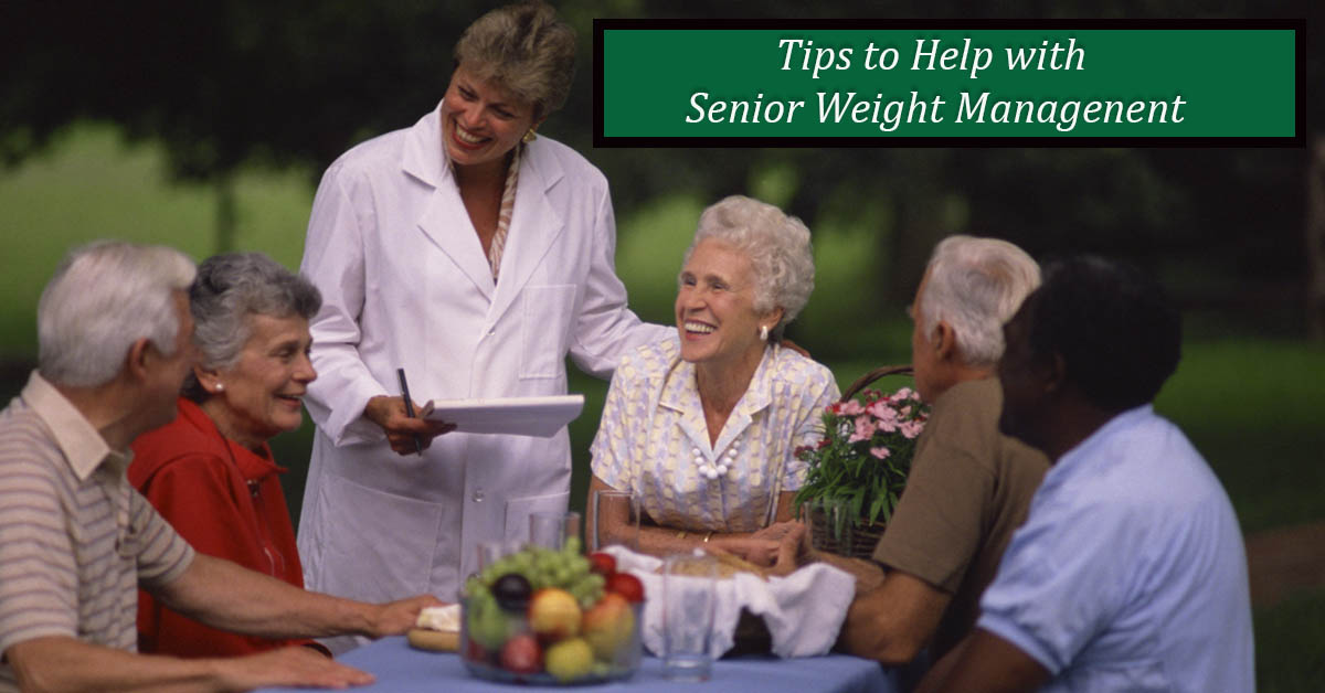 Tips to Help Seniors with Weight Management. Picture of a dietitian nurse talking with 2 older caucasian females, 2 older caucasian males, and 1 older black male.