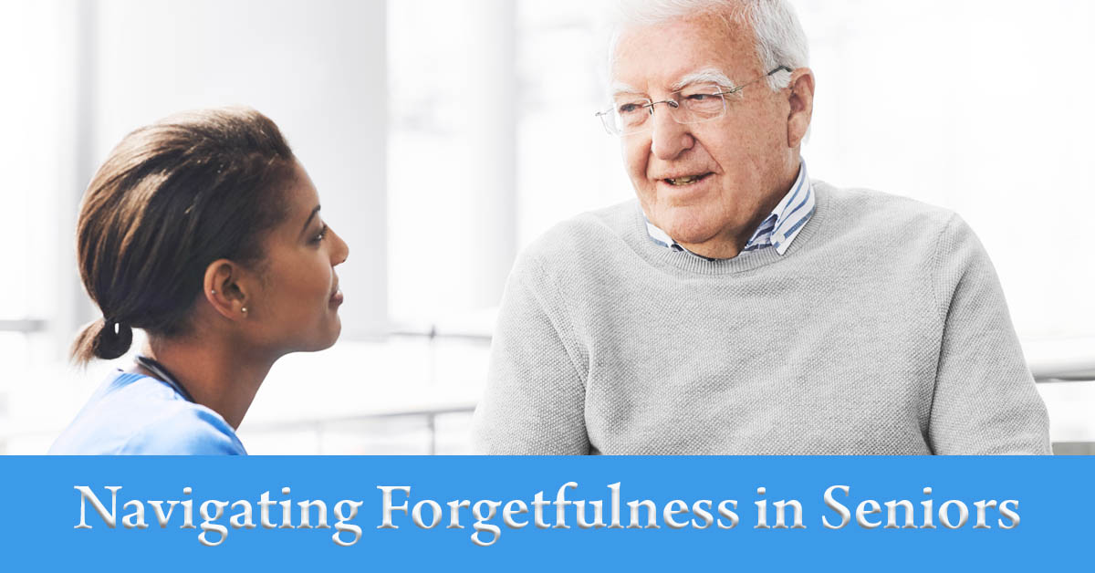 Navigating Forgetfulness in Seniors: Recognizing Signs and Taking Action. Picture of a young black female nursing aide talking with an older caucasian male.