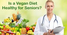 Navigating Veganism in Seniors: Assessing the Health Benefits and Considerations. Picture of a caucasian female nurse or dietician and a bunch of vegetables and fruits.