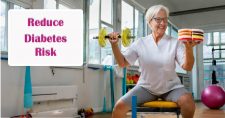 Resistance Training Reduces Risk of Diabetes. Picture of an older caucasian female holding a lightweight barbell in one hand and a cake in the other hand.