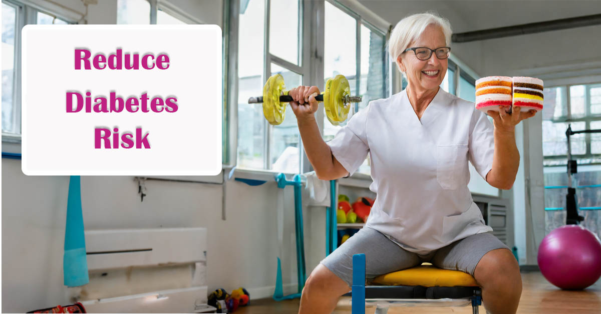Resistance Training Reduces Risk of Diabetes. Picture of an older caucasian female holding a lightweight barbell in one hand and a cake in the other hand.